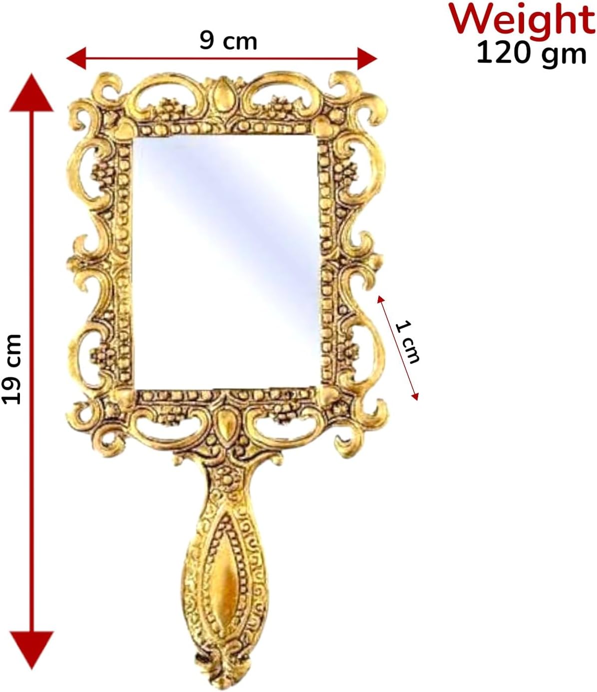 KridayKraft Beautifully Carved Square Shape Gold Plating Metal Hand Mirror for Makeup, Travelling, Salon Mirror & Decorative Antique Item, Framed image 2