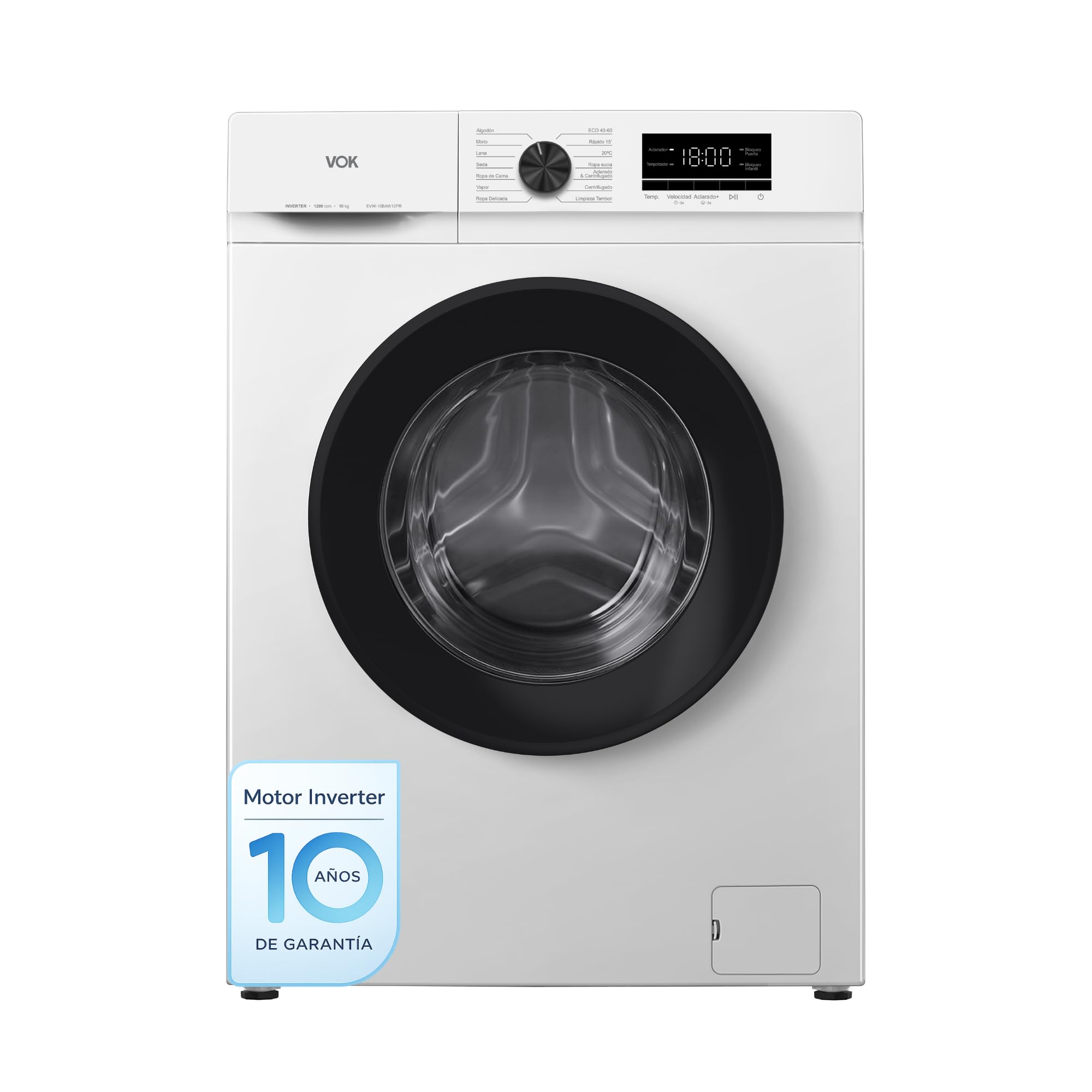 Lavadora 10kg VOK Clase A con Instalación Incluida – Motor Inverter Silencioso, 1200 RPM, Fondo Reducido,14 Programas con Vapor, Bajo Consumo 51 kWh/100 ciclos, EVW-10BAWL2412PR