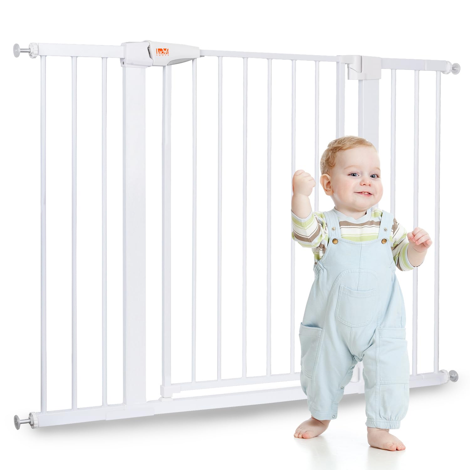 LAOYE cancelletto per bambini, Cancelletto per scale senza trapano, altezza extra alta 92 cm, larghezza 75-124 cm con 3 estensioni, per bambini, cani gatti, chiusura automatica arresto a 90°-Bianco