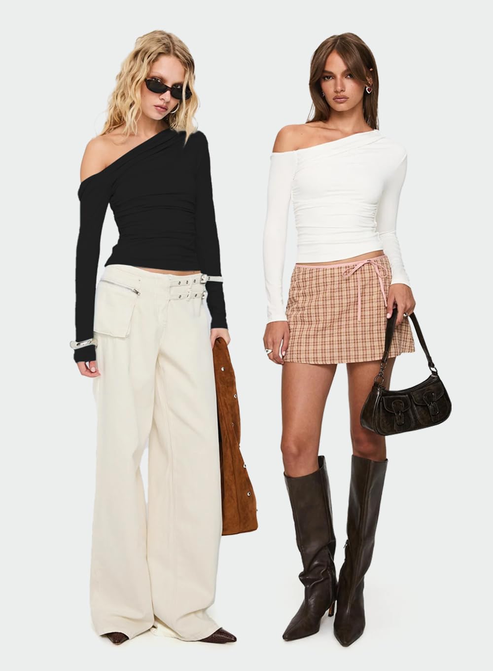 Darong Damska bluzka na co dzień z długim rękawem z dekoltem w łódkę z odkrytymi ramionami slim fit crop top wyjście bluzki Y2K obcisłe koszule