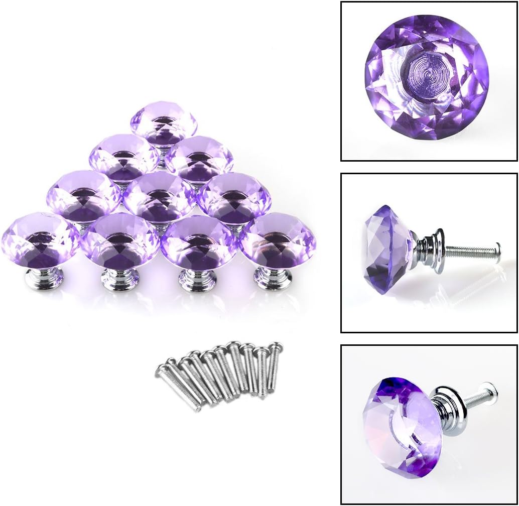 uxcell Diamond Shape Crystal Glass 30mm Kitchen Cabinet Door Drawer Knob Cupboard Dresser Wardrobe Pull Handle with Screws, 10pcs Purple