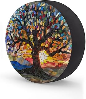 Tree of Life Glass Elastic Tire Covers Rv Spare Tire Covers Trailer Tire Covers Made of Various Vehicle Types Including Campervans Trucks Trailers SUV Waterproof Sunproof Dustproof 14inch