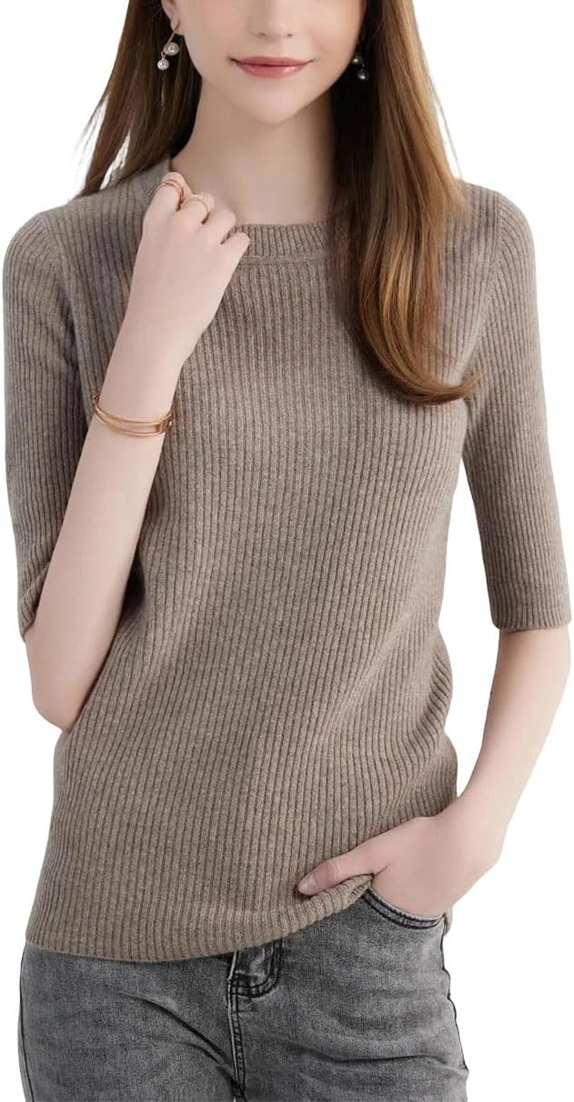 Women's Short Sleeve Crewneck Sweater 100% Wool Pullover Knit Top Casual Jumper for Everyday Wear
