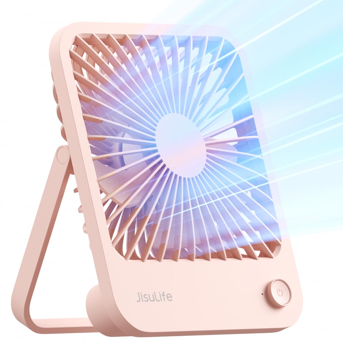JISULIFE Small Desk Fan, 4500mAh Rechargeable Battery Powered, 180°Foldable Portable USB Fan, 4 Speeds Adjustable, Silent Powerful for Home Office Travel Outdoor-Pink