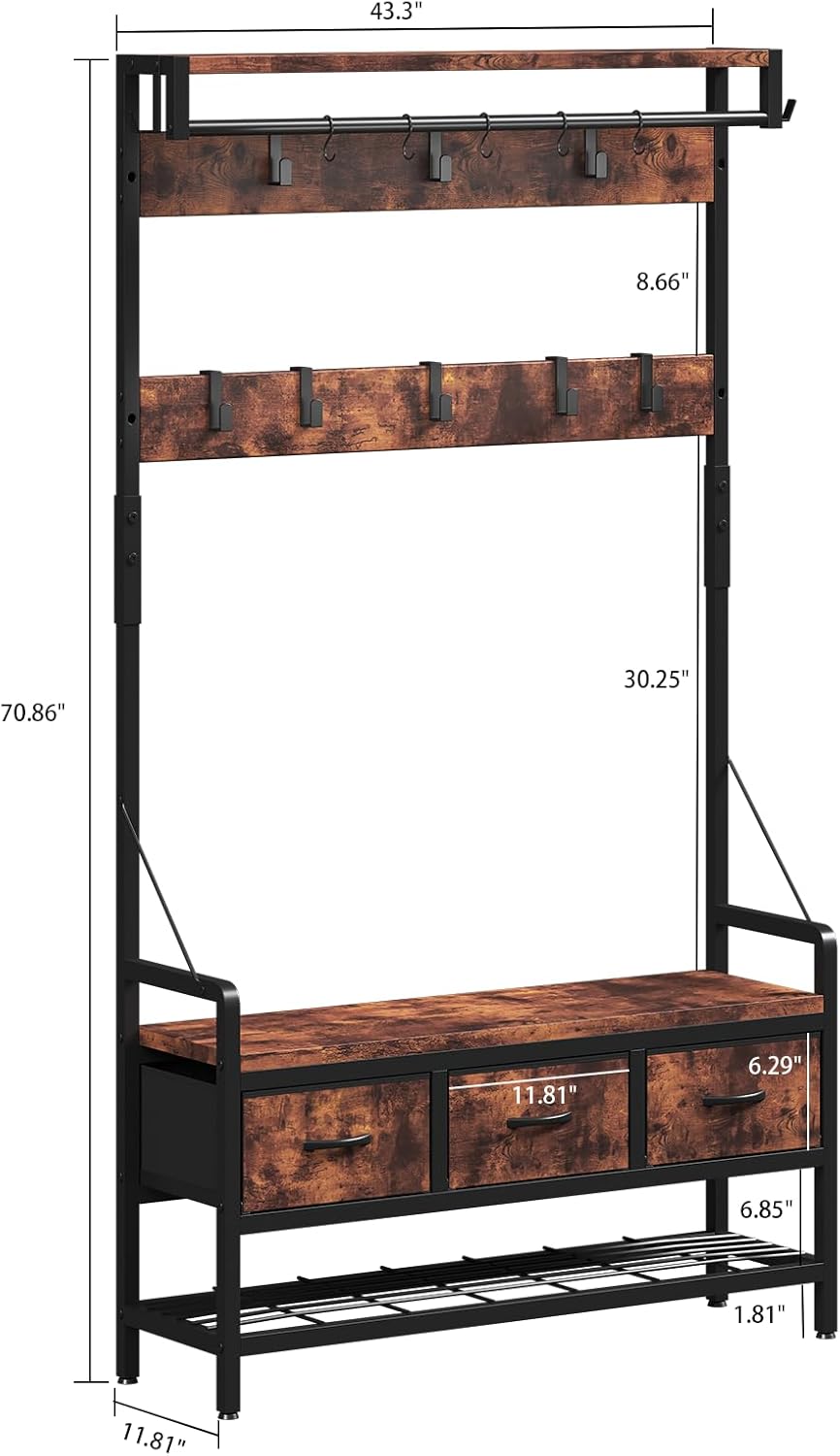 Hall Tree with Bench & Shoe Storage & Shelf, 3 Fabric Drawers, 16 Hooks, Entryway Coat Rack for Living Room, Entryway, Closets