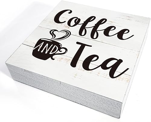 Miniatura 3 de Cartel de madera de café y té, decoración del hogar, caja de madera rústica divertida de café, placa de bloque para decoración de escritorio de mesa