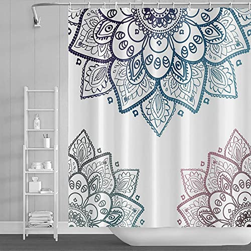 Bohemian Mandala Duschvorhang Moderner Stil Indien Abstrakt Ethnisch Blau Rosa Lotus Badezimmervorhänge mit Haken Set 240x200cm Bad-Duschvorhang Cover