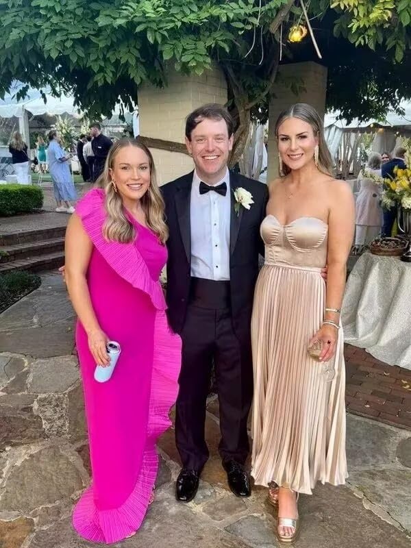 Basgute Satin Strapless Bridesmaid Dresses for Women with Scarf Tea Length A Line Pleated Wedding Guest Dress2