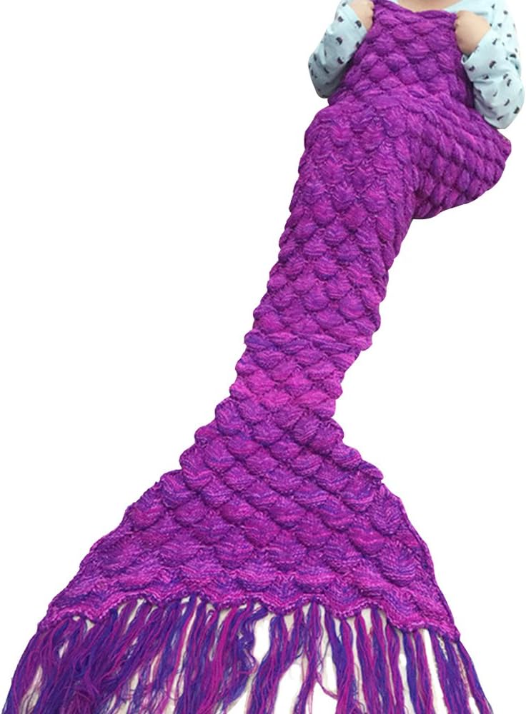 Mermaid Tail Blanket, LOVELIFE STORE Hand-Knitted Fish Scale Model Stay Warm Soft Air Condi sofa Sleeping Bag in Adults (Dark purple)