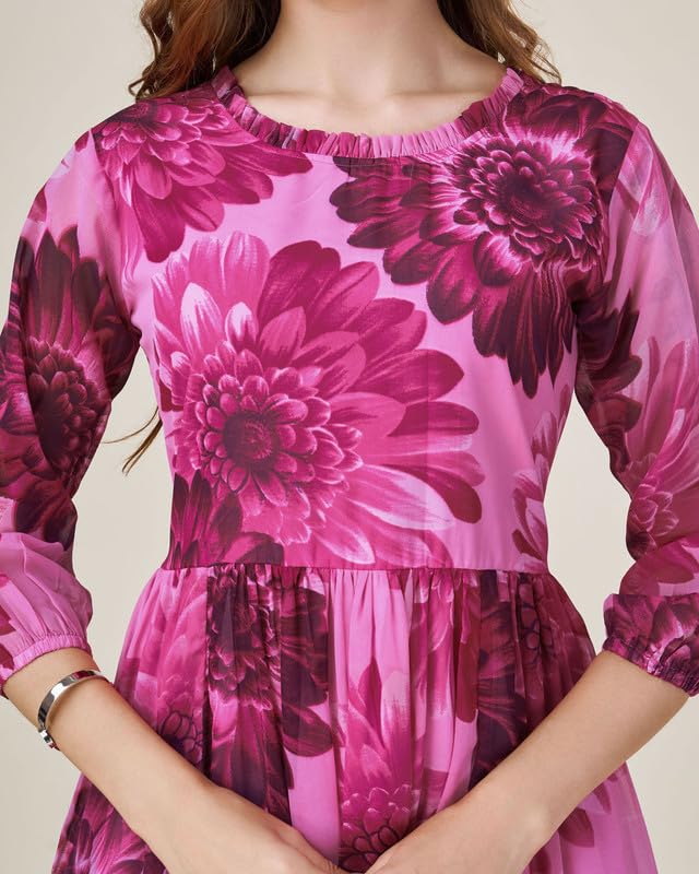 Image of MOJILAA Women's Georgette Floral Printed Gathered Dress