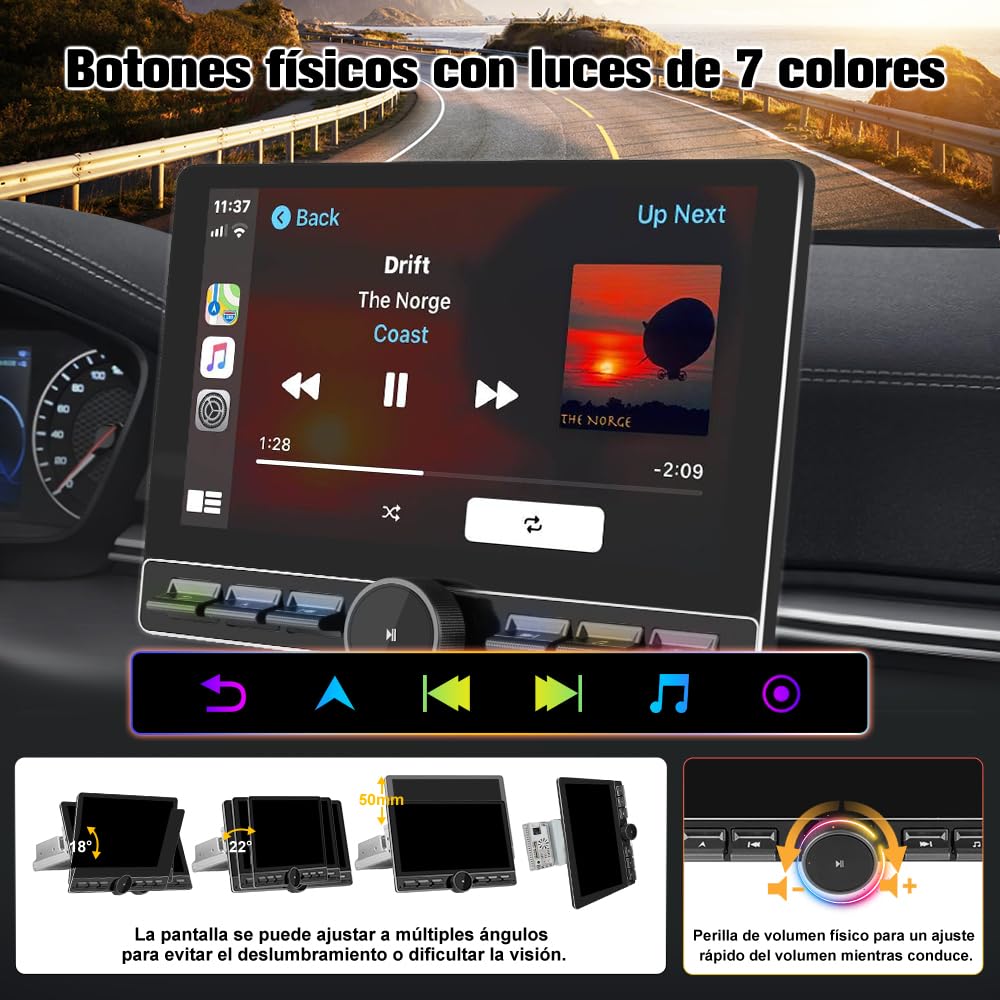 Android 13.0 [4GB+64GB] Radio Coche 1 DIN Universal con Pantalla Táctil Inclinable y Giratoria de 10.6 Pulgadas, Autoradio Admite CarPlay/Android Auto Inalámbrico/WiFi/4G/Bluetooth