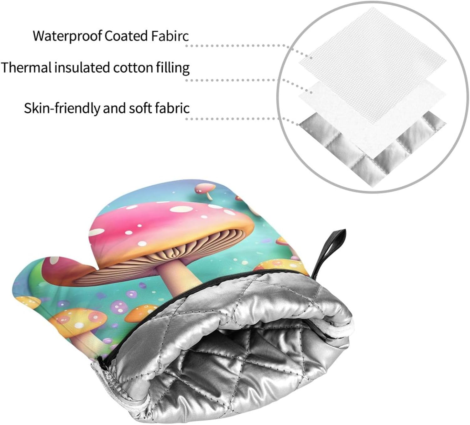 Wonderful little mushrooms Oven gloves and heat-resistant mat 4-piece set. Suitable for grilling, microwave oven frying, and baking