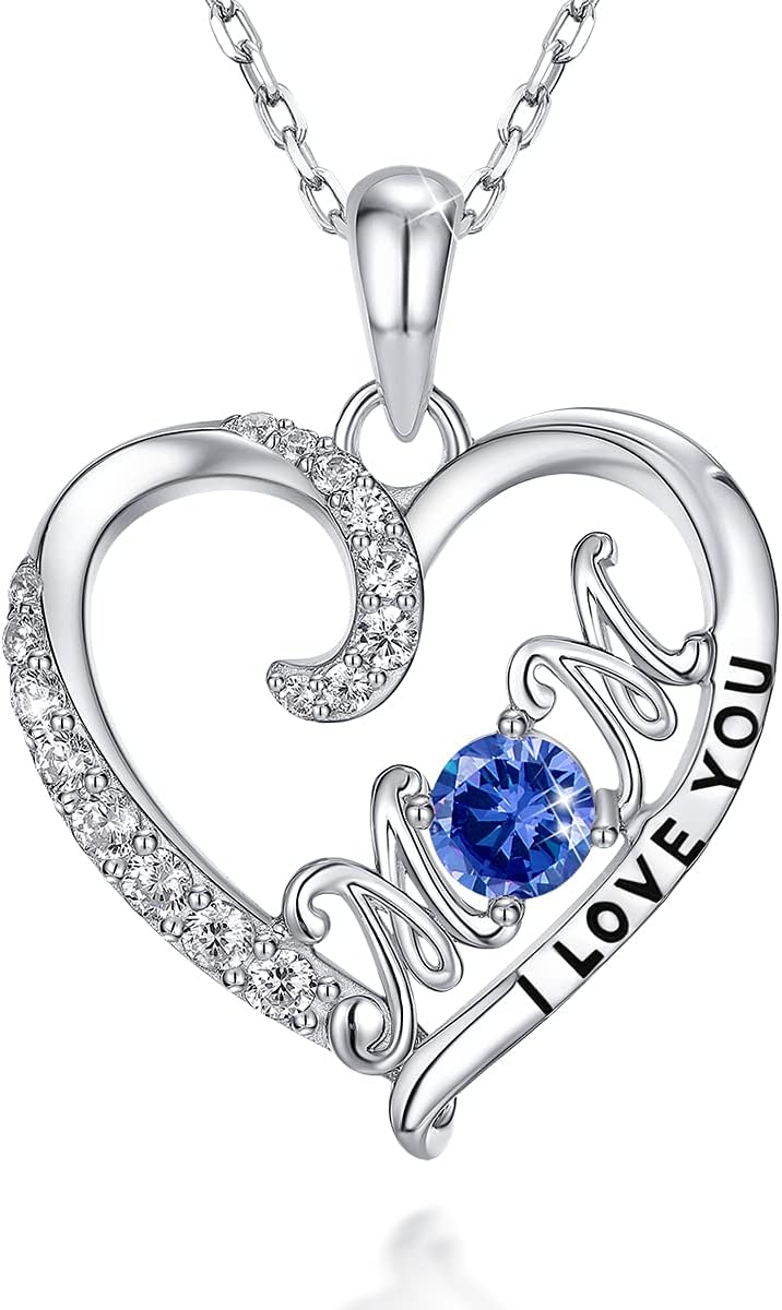 Love Heart 925 Sterling Silver Necklace, Gold Plated Birthstone Pendant Mom Necklaces with Cubic Zirconia for Mother Women