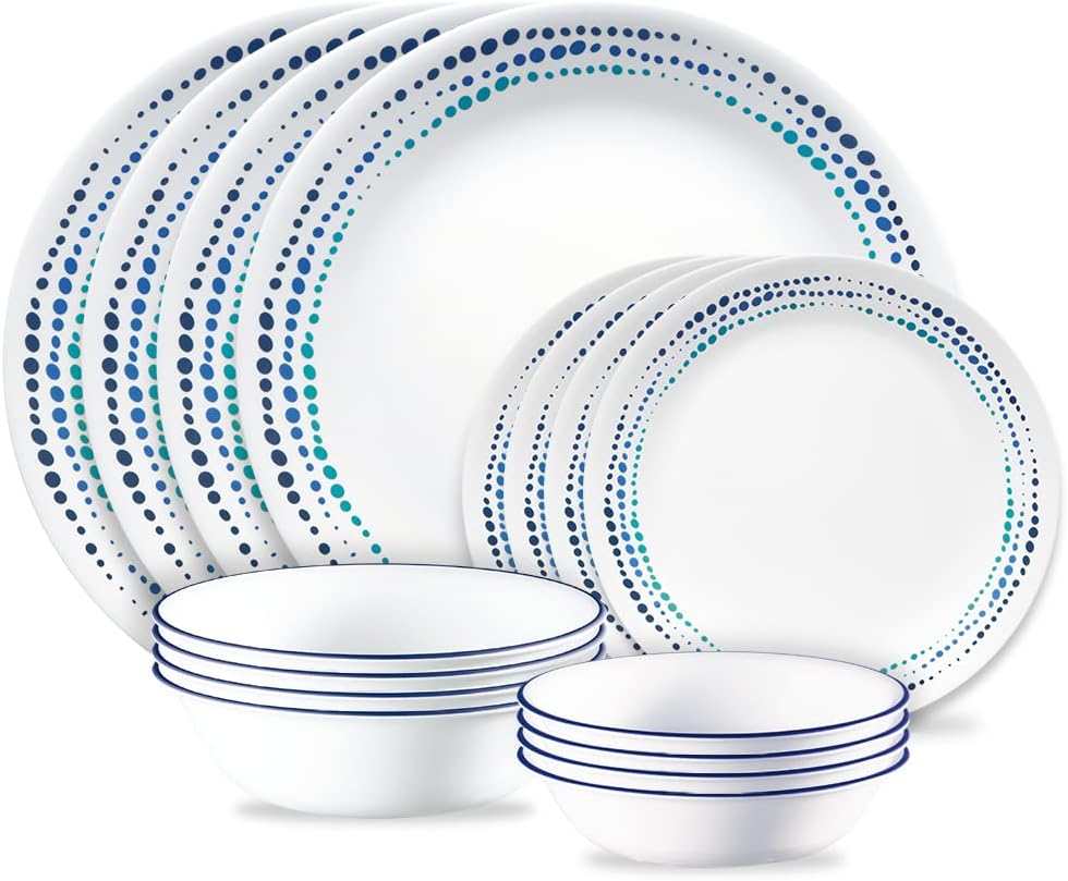 Ocean Blues 16pc, Chip & Break Resistant Dinnerware Set, Service for 4, Dinner Plates and Dinner Bowls, White
