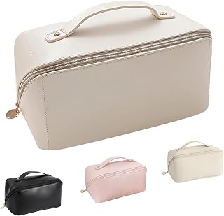 Large Capacity Travel Cosmetic Bag, Cosmetic Travel Bags for Women with Handle and Divider, PU Leather Waterproof Portable Cosmetic Bag, Multifunctional Storage Toiletry Bag for Women (White)
