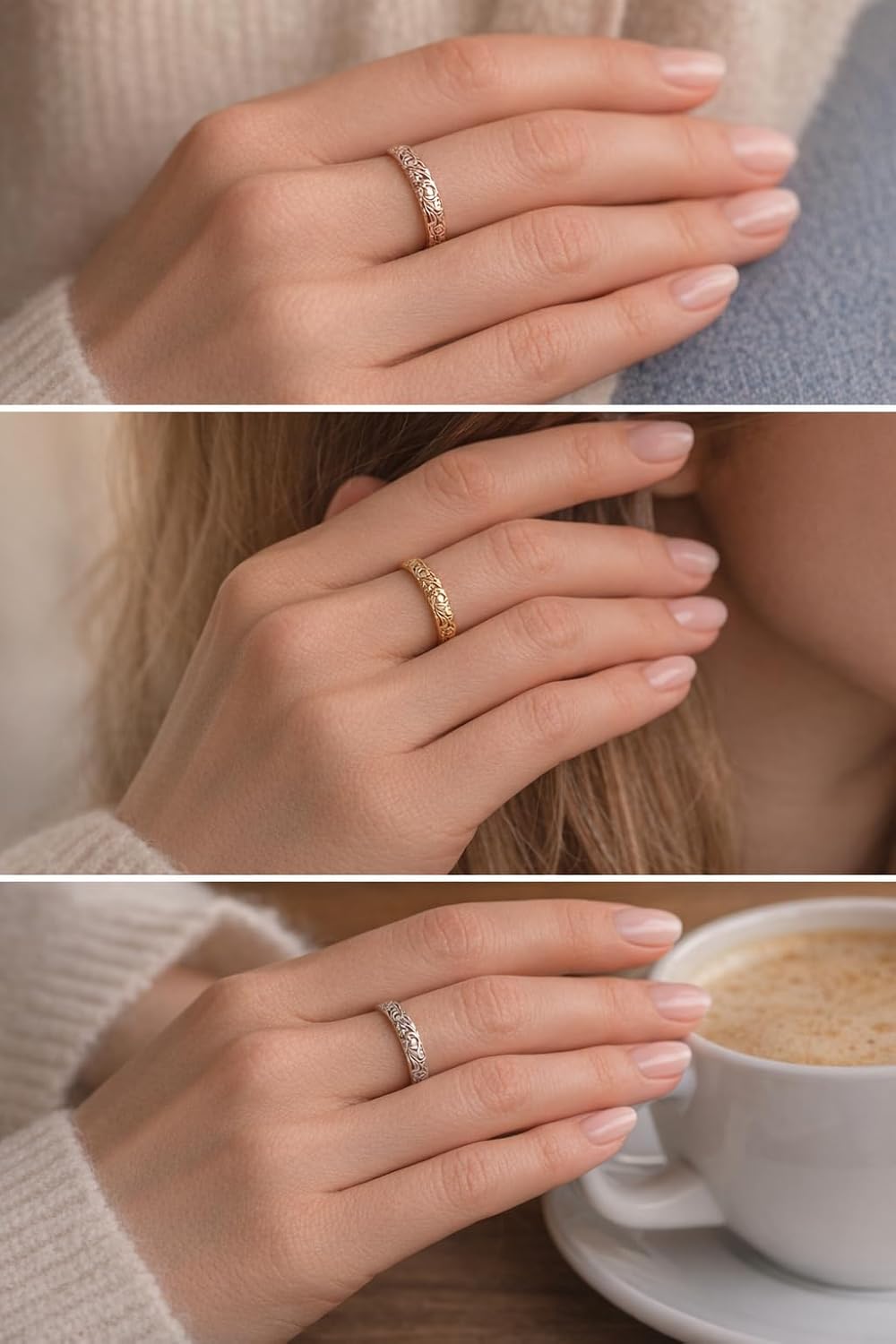 MauliJewels Women's Hand-Engraved Engagement Wedding Band in 10k Yellow/Rose/White Gold, Everyday Wear Anniversary Band