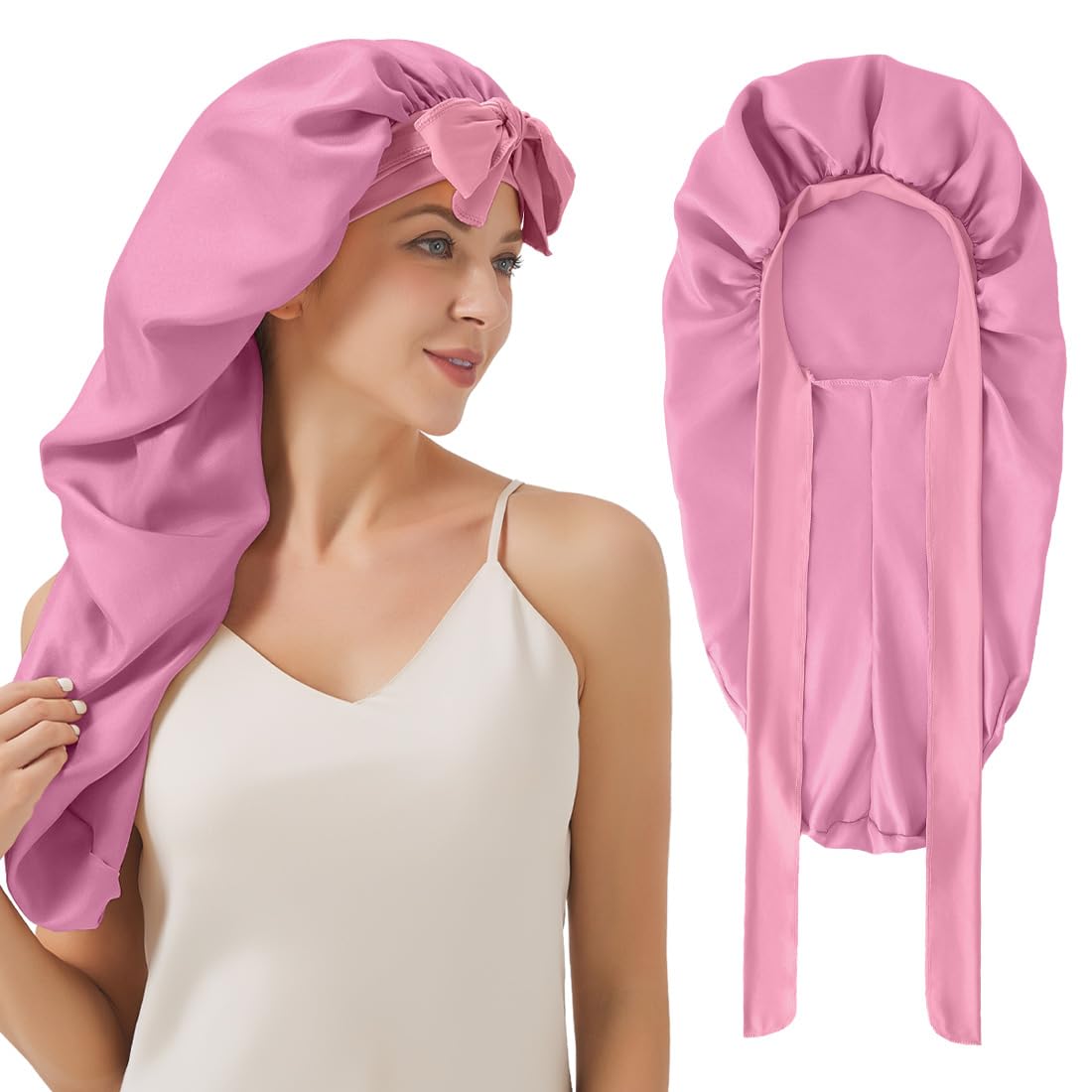 Supaze Uyku için Uzun Saten Bone, Elastik Bantlı Saten Astarlı Örgü Bone, Kadınlar İçin Ayarlanabilir Uzun Askılı Boneler Örgüler (Gül Pembesi) duş başlığı