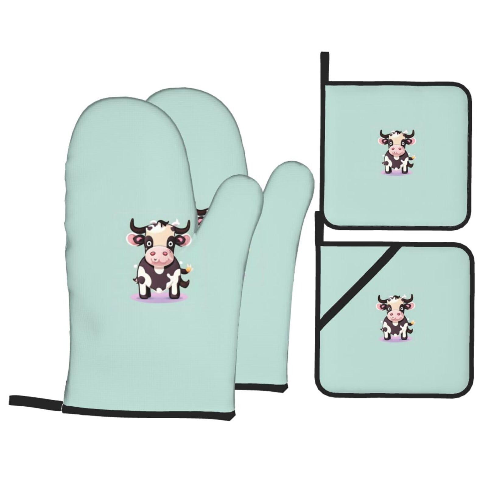 Cute Black Cow Print 4-Piece Heat-Resistant Oven Waterproof Kitchen Gloves Cooking Roasting Essential