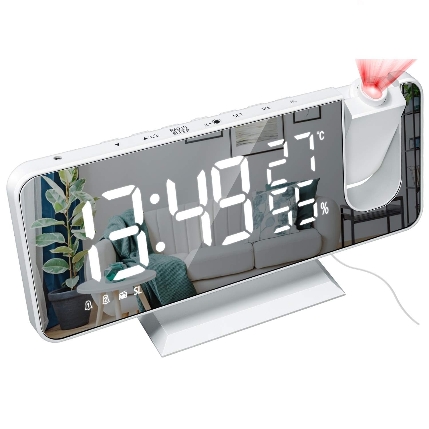 DollaTek Reloj Despertador con proyección de Radio LED Pantalla Grande Temperatura y Humedad Reloj electrónico para Dormitorio Cocina - cáscara Blanca Blanco Digital