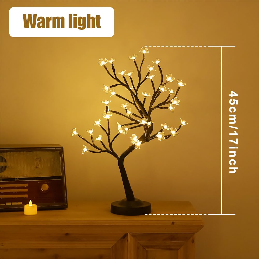 17Inch Cherry Blossom Tree Light, 40LED Lighted Tabletop Artificial Bonsai Tree Lamp with USB Plug or Battery Operated for Home Room Office Party Wedding Christmas Decoration (Warm)
