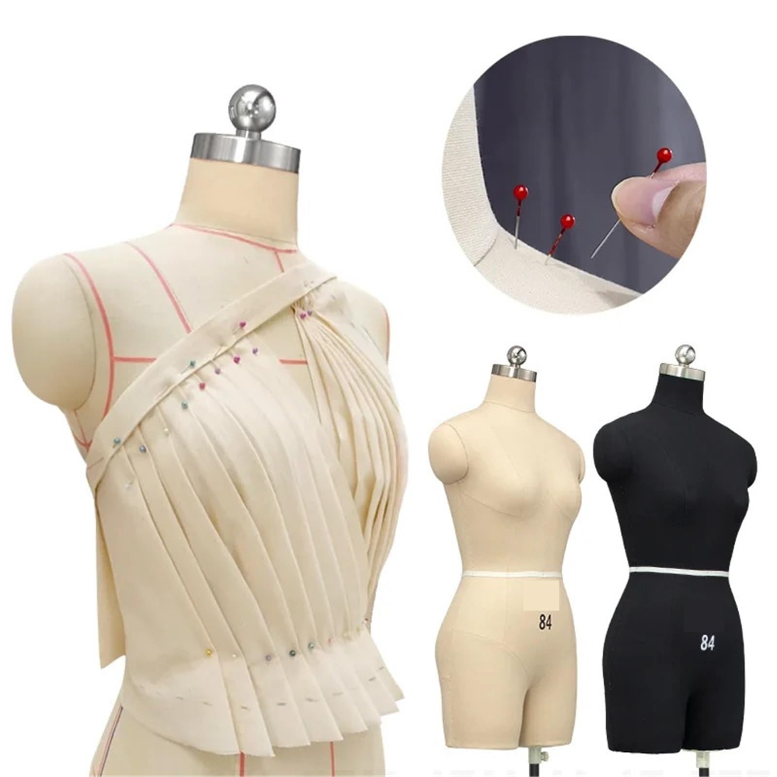 Manichino da Sarto Manichini da donna morbidi sartoria, manichini a mezzo busto in schiuma, professionali in con tipo di spillo(White)