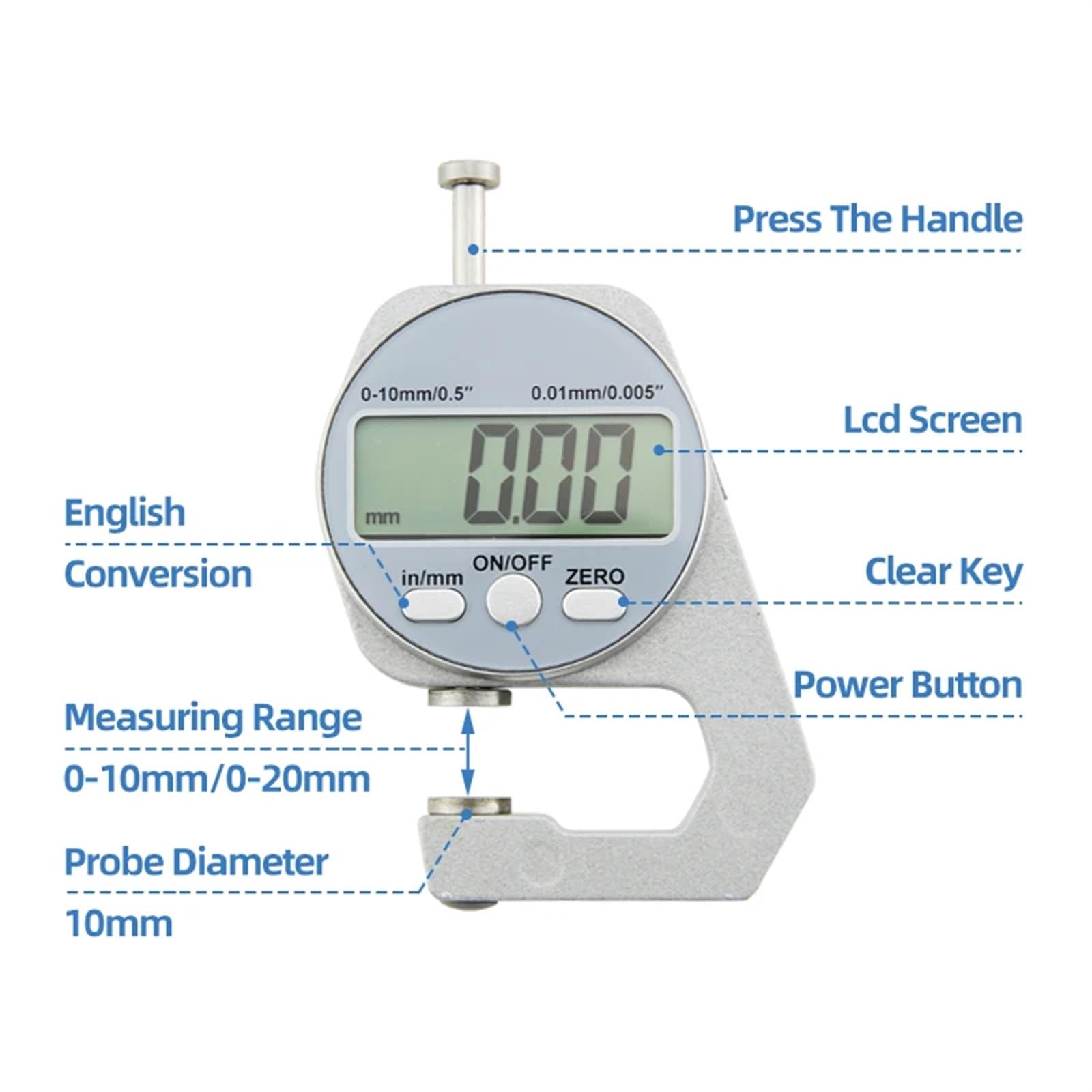 Misuratore di Spessore con Display Digitale Micrometro elettronico in Lega di Zinco Strumenti di misurazione dello Spessore della Parete Imperiale metrico 0-10 / 20mm(0-10mm B Thickness)