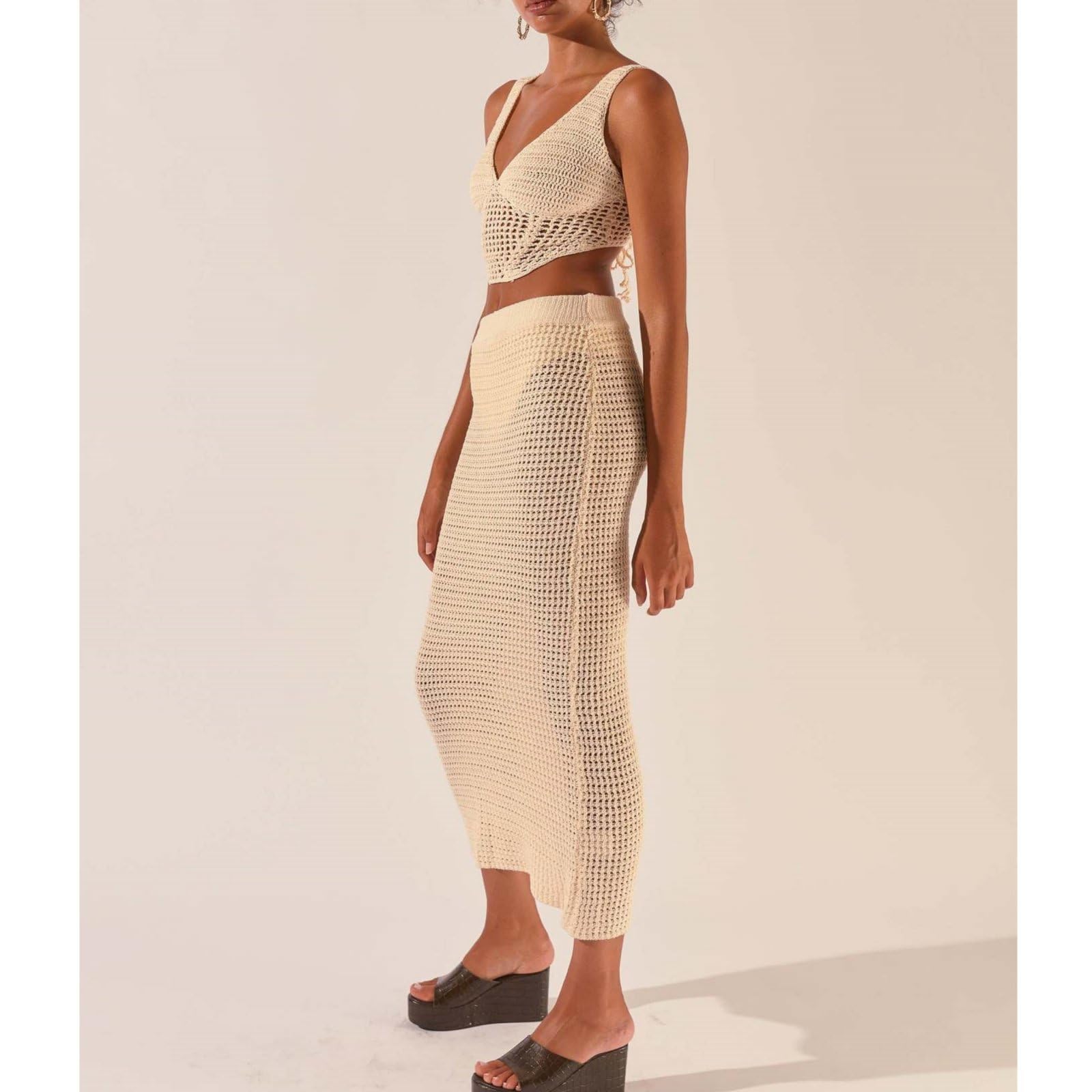 Set Gonna Da Donna in Maglia 2 Pezzi Hollow Out Halter Crop Top E Bodycon Set Gonna Lunga