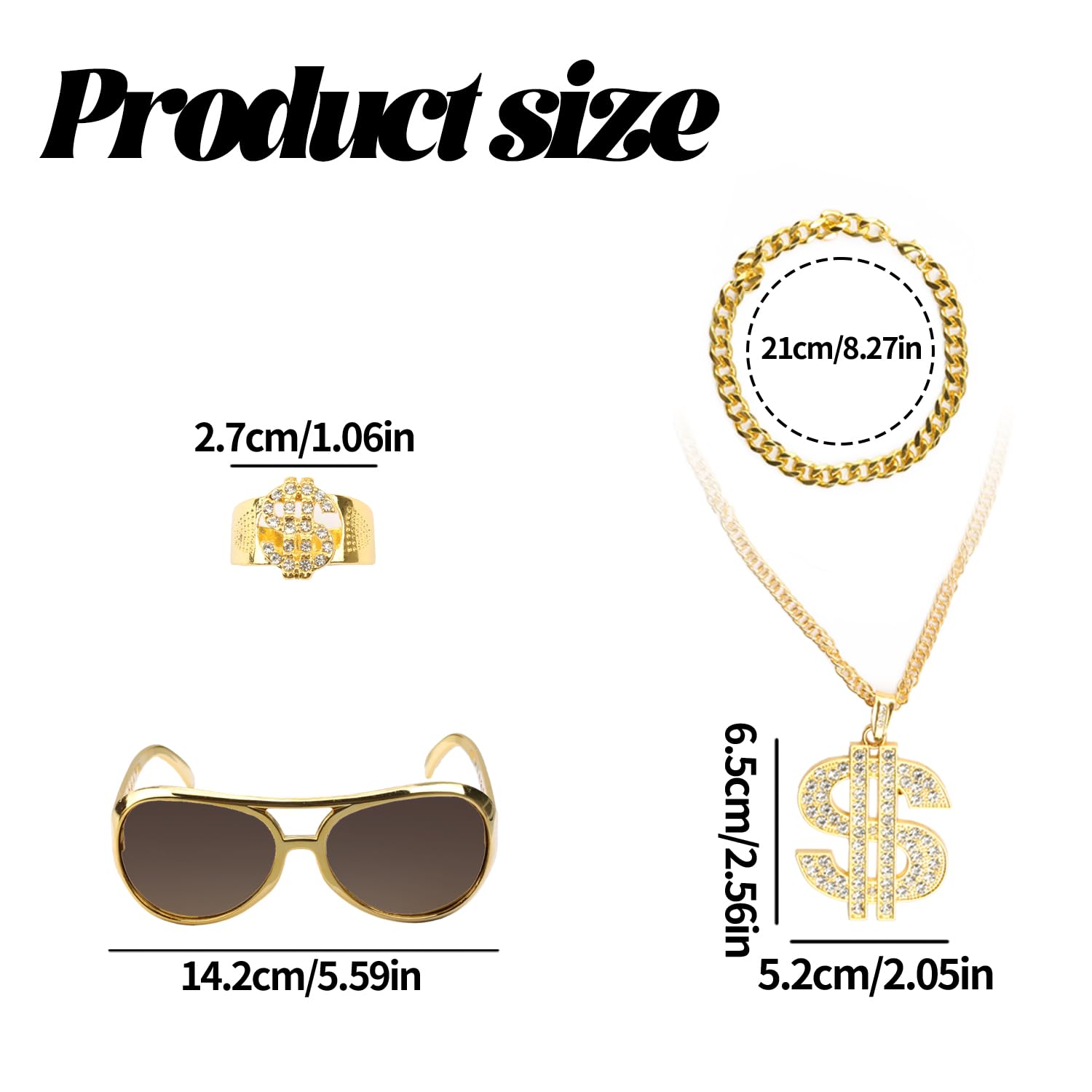 Tabanzhe Hip Hop Costume Accessories Set-4PCS 80s 90s Rapper Fancy Dress Kit with Gold Dollar Sign Necklace,Chain,Sunglasses,Bracelet,Ring for Men Women Disco Theme Party Dress Up - Image 2
