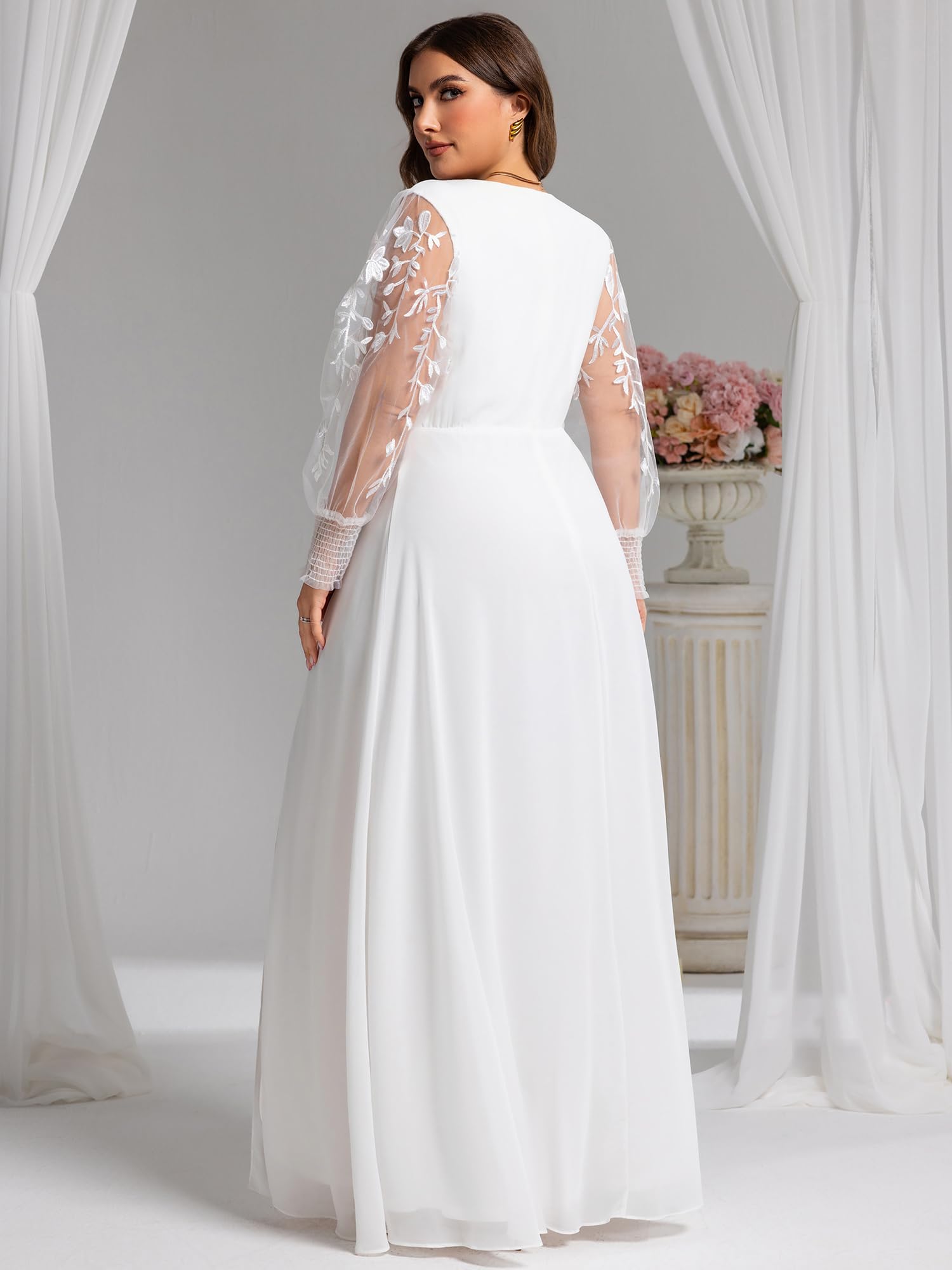 Ever-Pretty Plus Abito da sera formale da donna con scollo a V alla moda ricamato a maniche lunghe una linea in chiffon diviso taglie forti 02251-DA