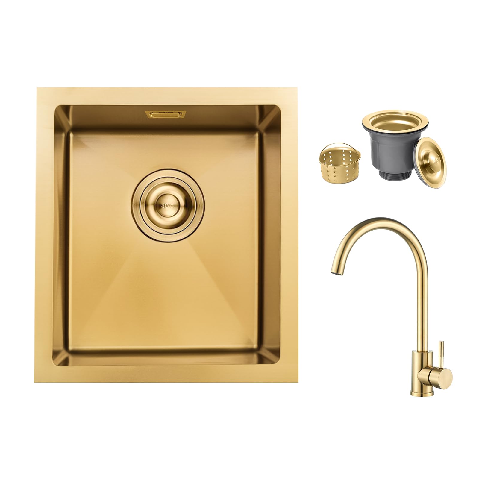 iAnomla 40x45cm Kitchen Sink, Stainless Steel Sink with Faucet, Gold
