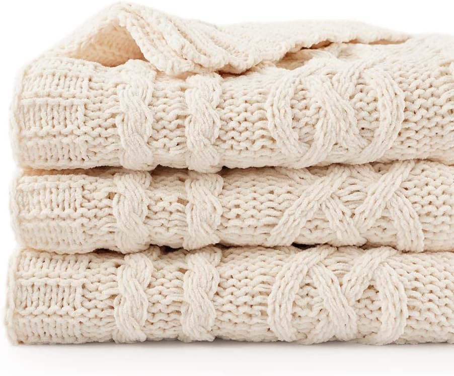 Super Soft Knit Throw Blanket – Lightweight Fluffy Blanket For Couch, Bed, 50x60 Inches, Cream