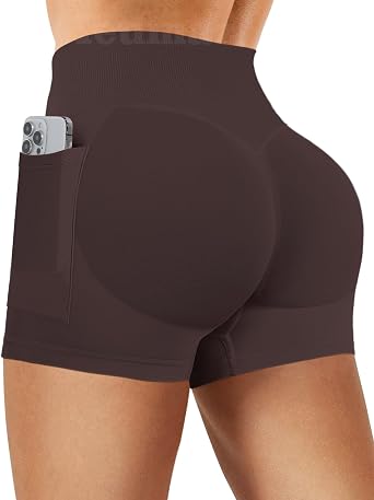 Ieumaz Women Gym Workout Seamless Shorts 4.5" with Pockets Scrunch Butt Lifting Tummy Control Yoga Shorts for Women