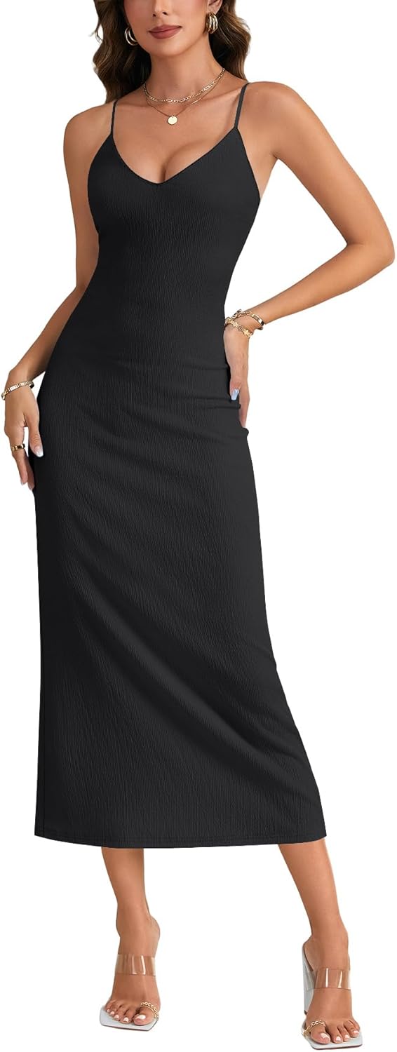 Vrtige Women's V Neck Sleeveless Lace Trim Spaghetti Strap Bodycon Sexy Long Dress - Image 2