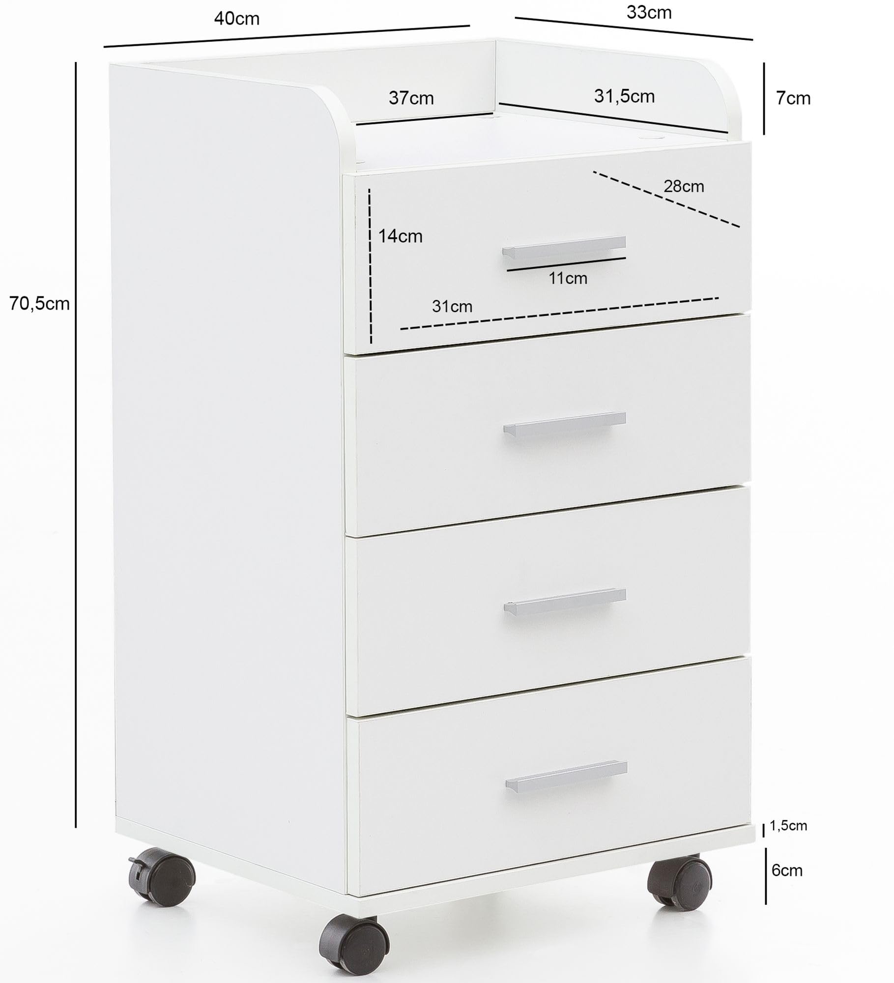 FineBuy Cassettiera con Ruote 40x33x70,5 cm Bianca con 4 Cassetti | cassettiera da scrivania con ruote, mobile con ruote per ufficio e smart working, cassettiera moderna