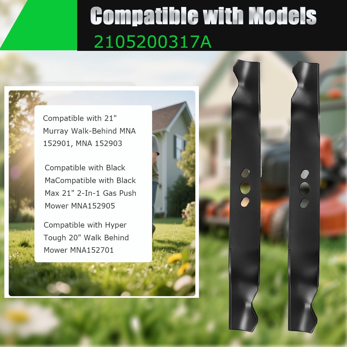 2105200317A - Cuchillas de cortacésped de 21 pulgadas compatibles con Murray Hyper Tough, Blackmax, MNA 152901, 152701, 152903, 152905, 84005221, 2105200317, Paush - Cuchillas de repuesto para