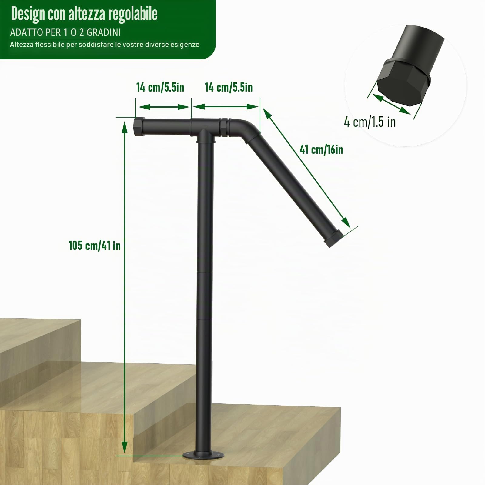 Ringhiera per scale per corrimano a palo singolo, gradino esterno, per 1-2 gradini, corrimano in ferro battuto per esterni, con base