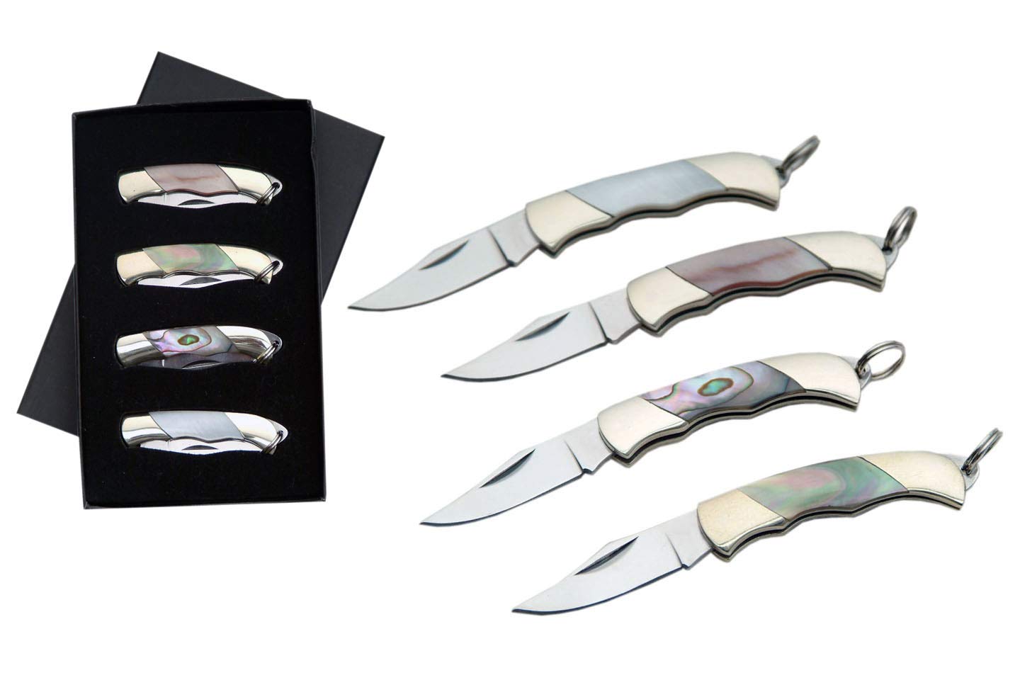 SZCO 4 Pack Mini Pocket Knives with Mother of Pearl & Abalone Handle – 1.5” Small Folding Knife with Keychain Ring | Pocket Knife Set for Necklace, Gifts, EDC, Collectors