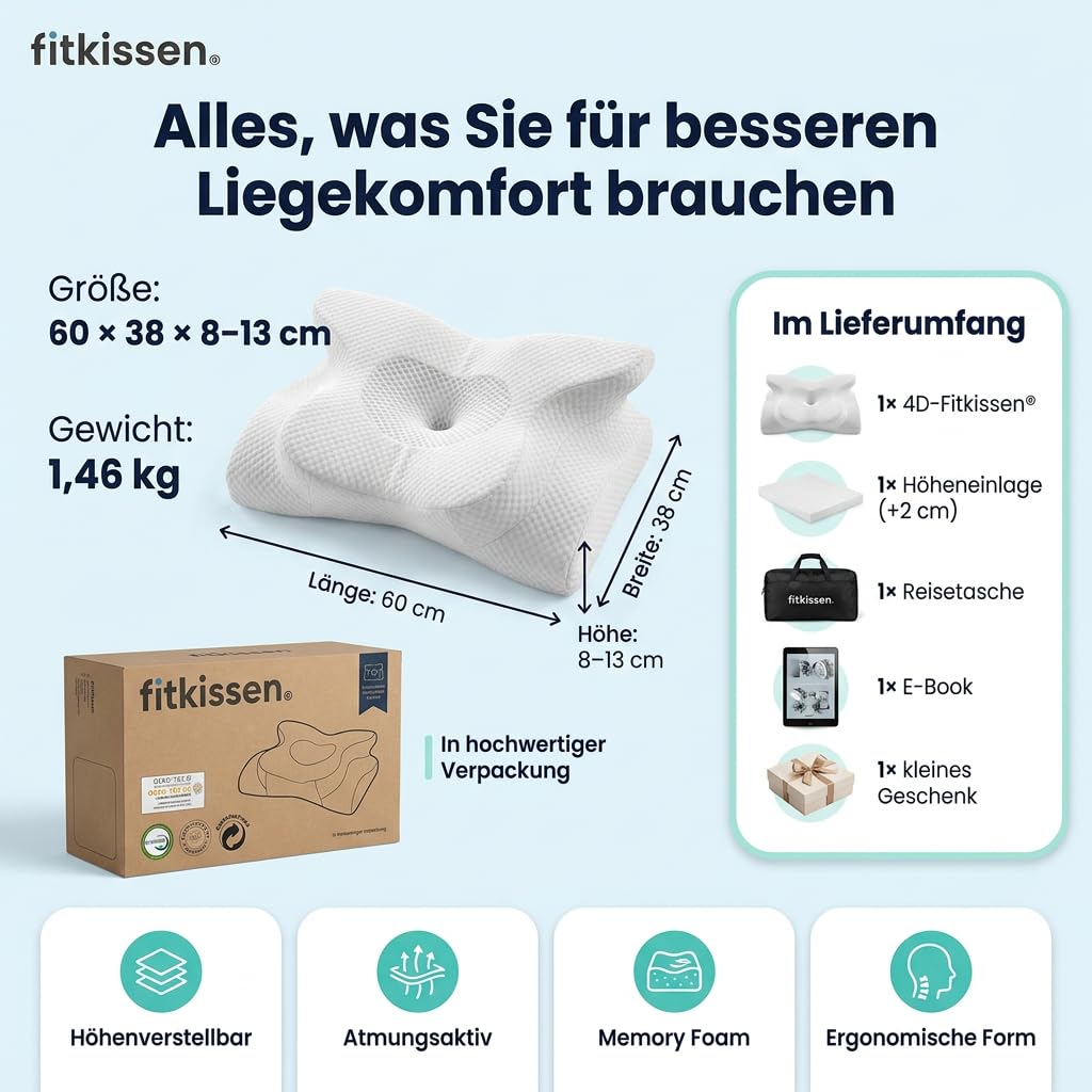 Orthopädisches 4D Kopfkissen - Nackenkissen gegen Nackenschmerzen | Anti Schnarch Memory Foam Nackenstützkissen Rücken-, Bauch- & Seitenschläferkissen Deutsche Entwicklung, Höhenverstellbar