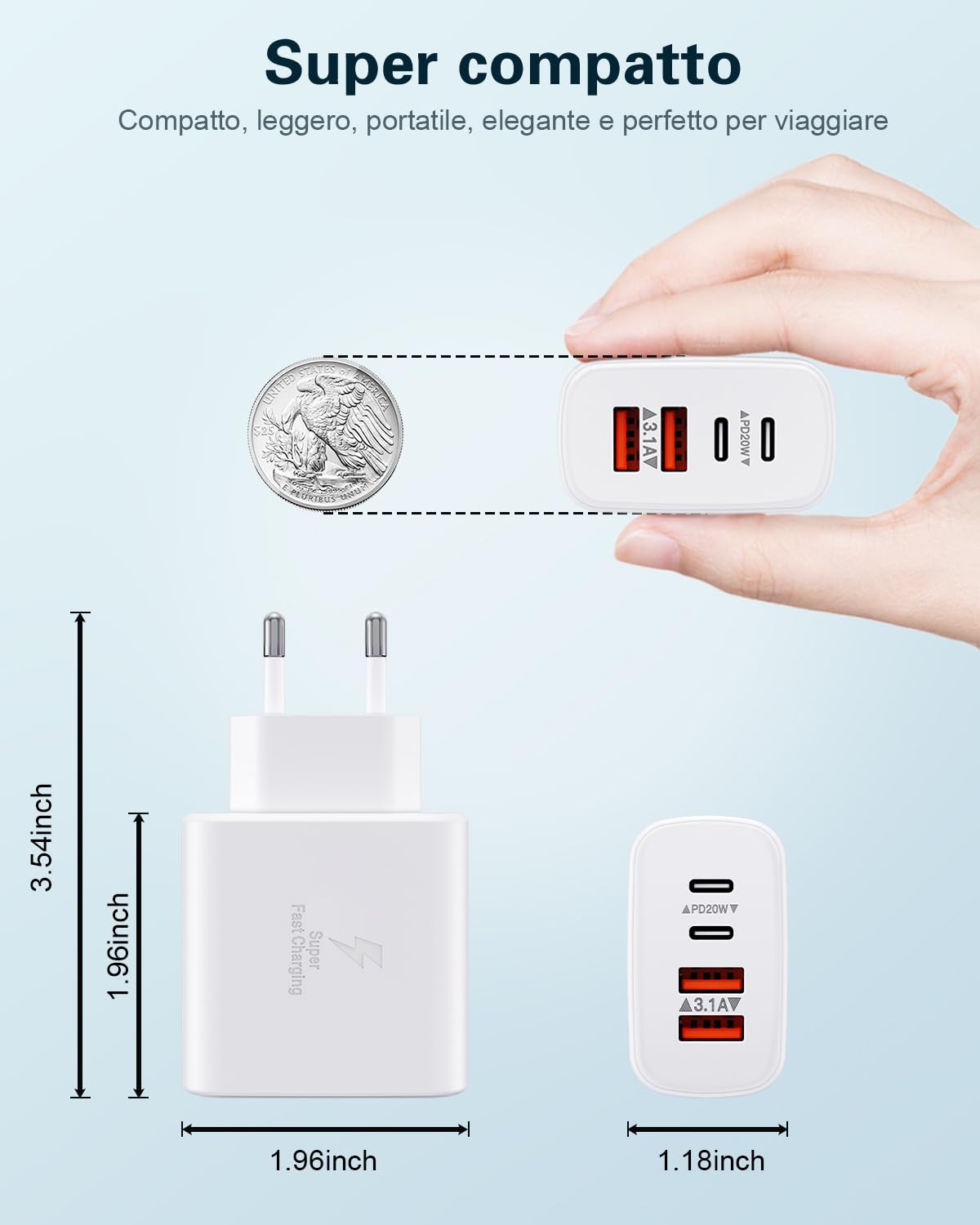 2-Pack Caricatore USB C Rapido, 40W 4-Porto USB C Alimentatore Presa Caricabatterie per iPhone 16 15 14 13 12 11 Pro Max XR XS X 8, iPad,Samsung, USBC Spina Ricarica Adattatore Muro Carica Spinotto