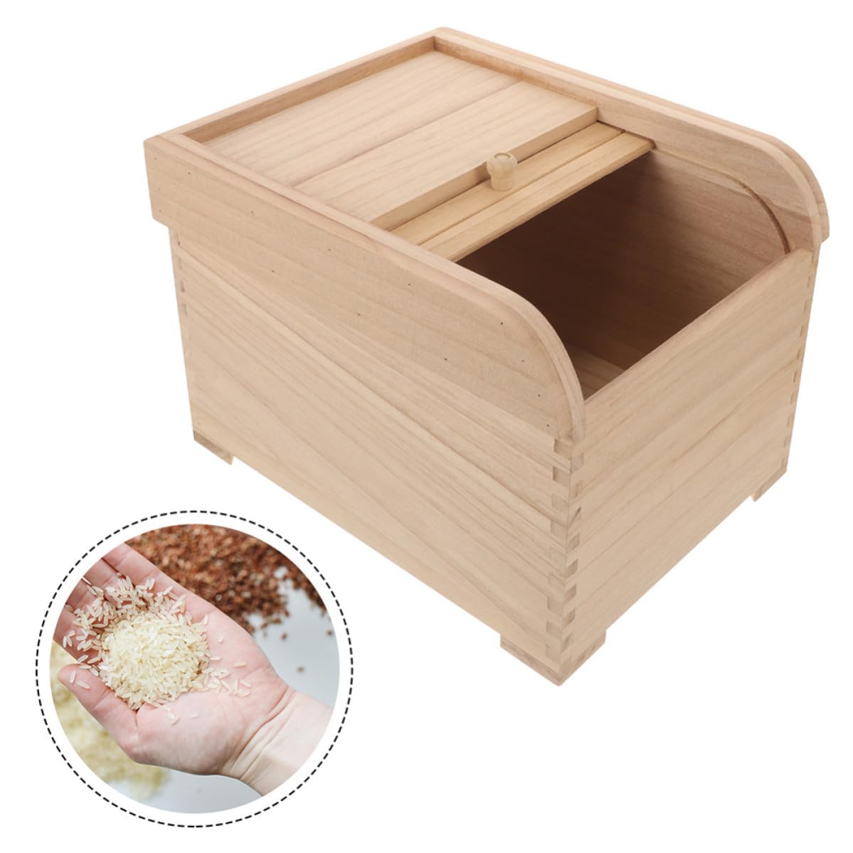 WOONEKY Holz Reisbehälter 10kg in Beige mit Deckel für Lebensmittel | Rollverschluss, Trockene Lagerung, Praktische Größe für Vorrat und Küche