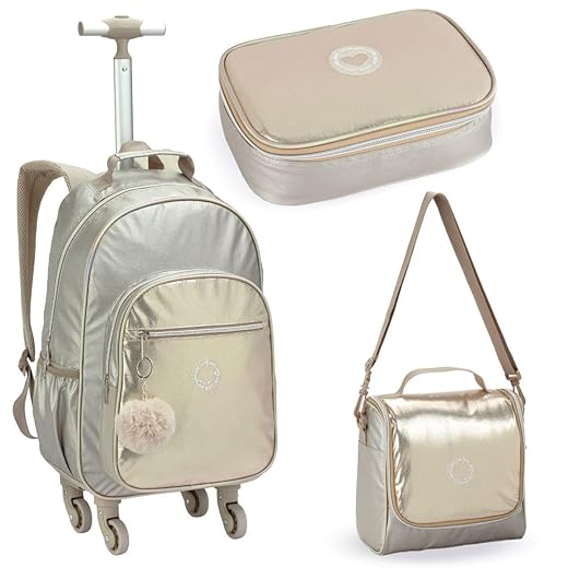 Kit Escolar Feminino de Moda Teen, Mochila com Rodinhas + Lancheira Térmica com Alça Transversal + Estojo Porta Lápis