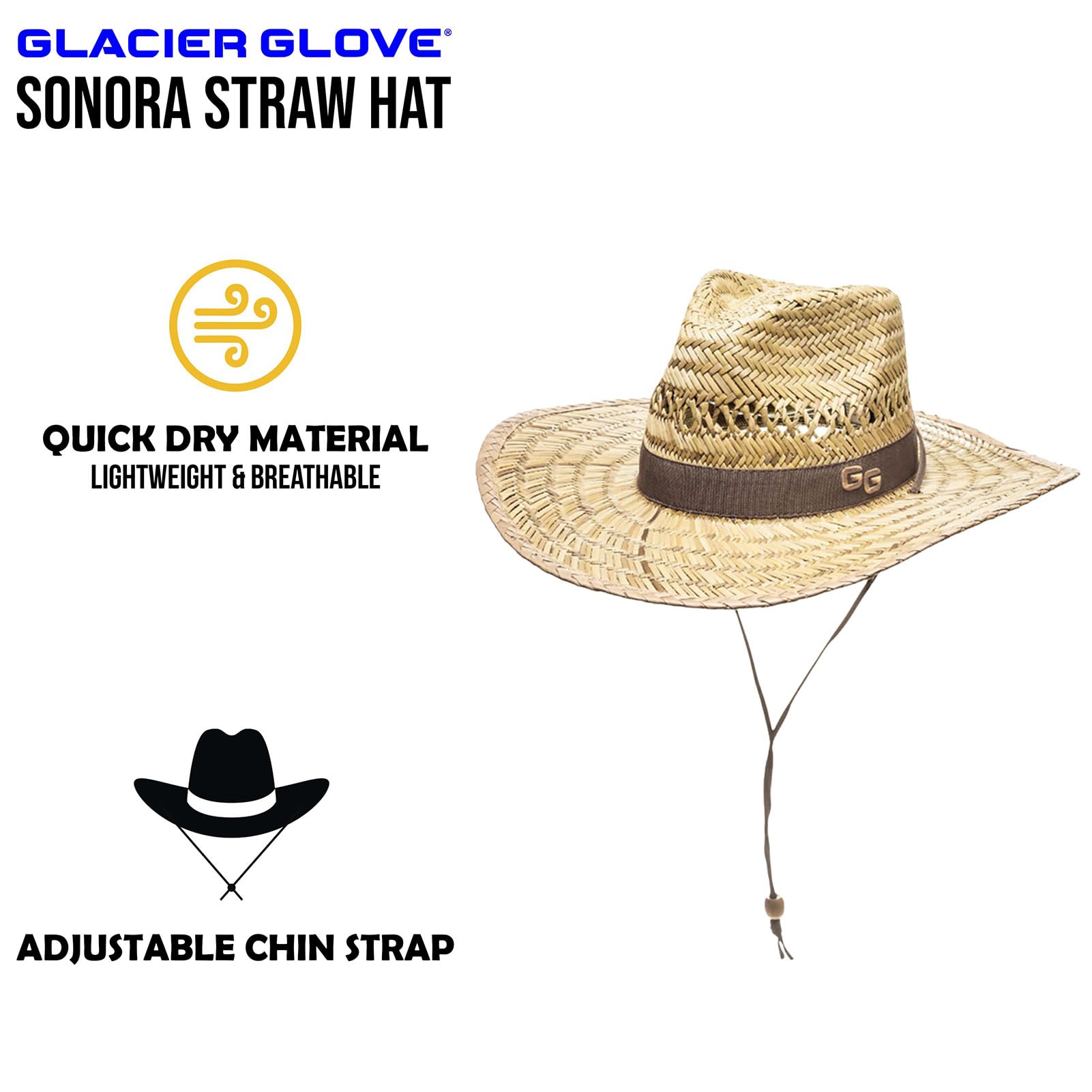 Glacier Glove Unisex Sonora Straw Hat | Lightweight Breathable Cooling Quick-Drying Summer Sun Hat with Full Brim, Interior Headband & Adjustable Chin Strap, S/M