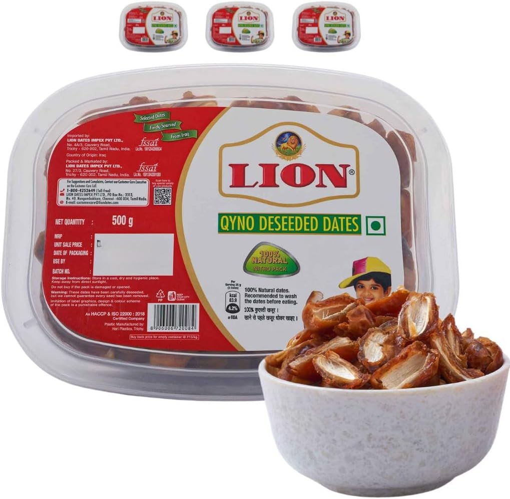 Lion Dates Qyno Deseeded Dates 1.5Kg (3 Packs, Each 500G) - Dry Fruits - Healthy & Nutritious Snack - Rich In Protein & Vitamins - Seedless Khajoor Or Khajur, Fresh