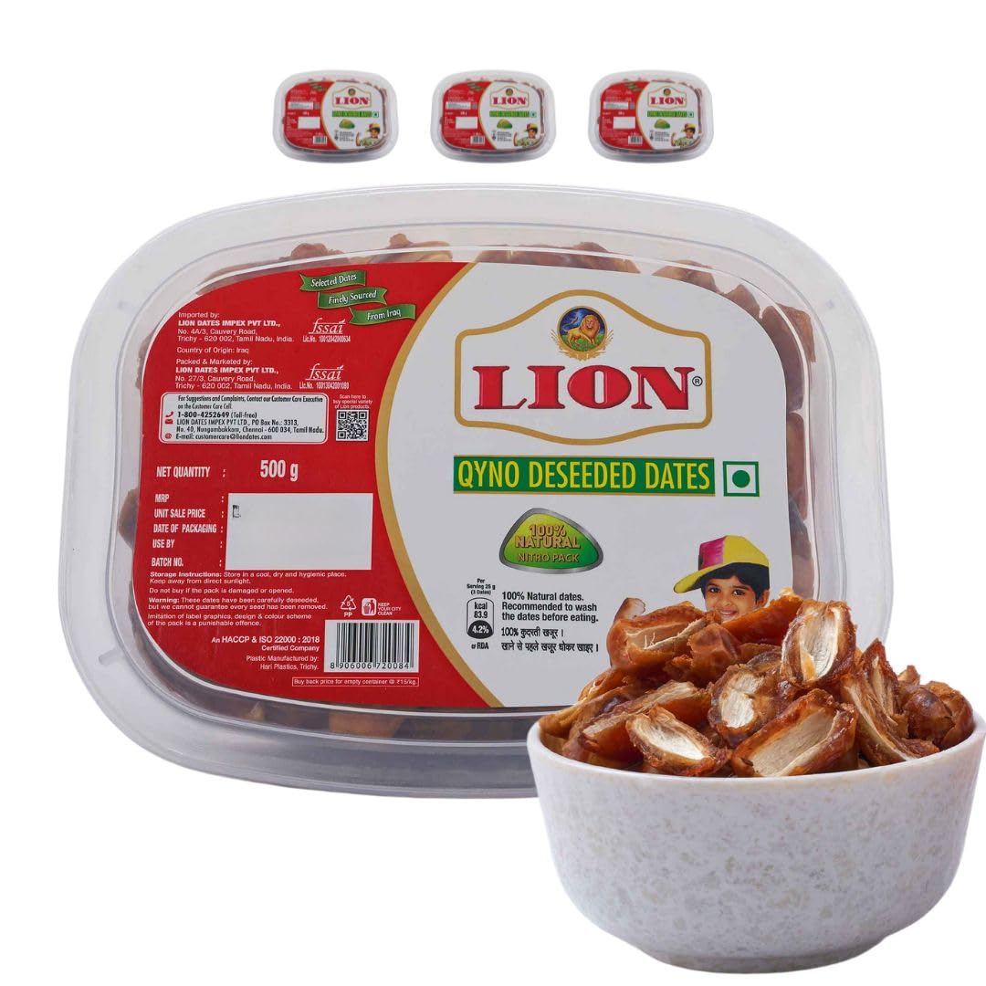 Lion Dates Qyno Deseeded Dates 1.5Kg (3 Packs, Each 500G) – Dry Fruits – Healthy & Nutritious Snack – Rich In Protein & Vitamins – Seedless Khajoor Or Khajur, Fresh
