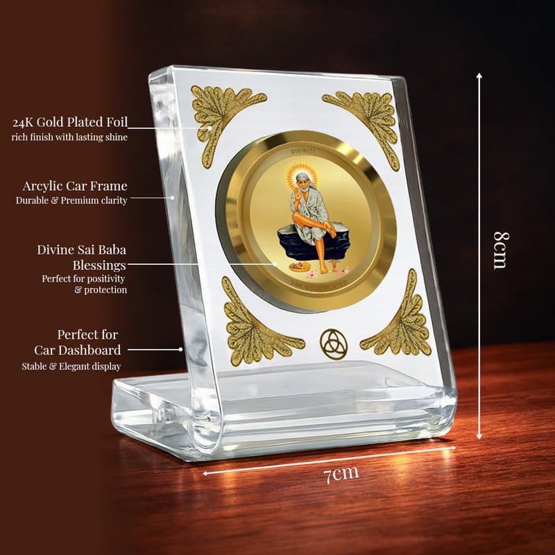 Image of DIVINITI 24K Gold Plated Sai Baba Acrylic Frame for Car Dashboard, Home Temple & Office Table | Premium Spiritual Gift, Blessings for Protection & Positivity, 8x7 cm Decorative Showpiece