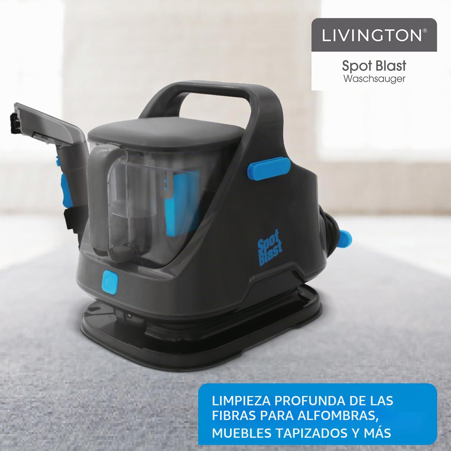 Livington SpotBlast – Aspirador de lavado – Limpiador de manchas para alfombras, sofás, tapicería y coche – Limpiador de tapicería con cepillo 3 en 1 – Limpiador de alfombras