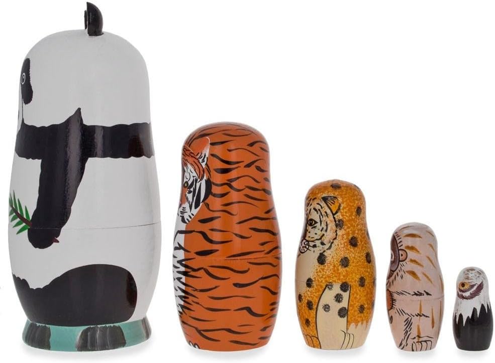BestPysanky Panda, Tiger, Leopard, Monkey, Eagle Wooden Nesting Dolls