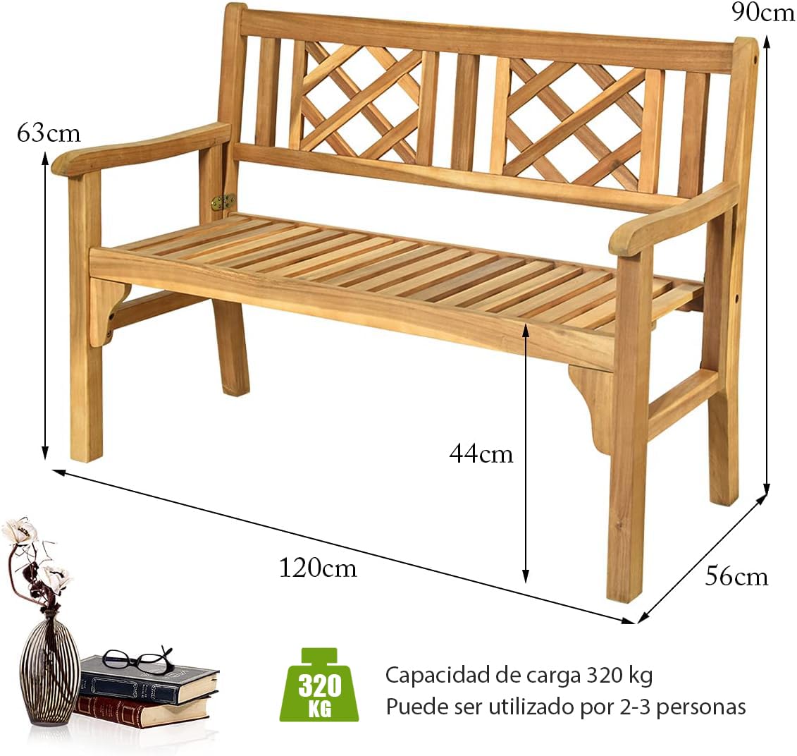RELAX4LIFE Banco de Jardín Plegable de Madera Acacia con Reposabrazos para 2-3 Personas, Banco Exterior Ergonómico para Terraza, Balcón y Jardín, 120 x 56 x 90 cm, Carga 320 kg, Natural
