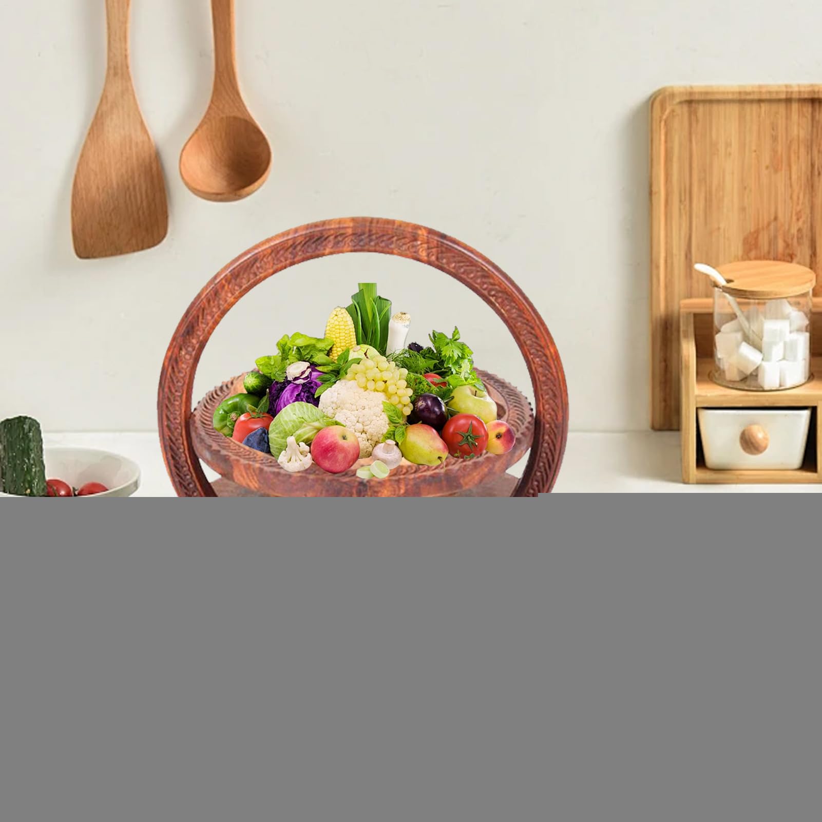 de madera con asa, plato de frutas hecho a mano de madera tallada en