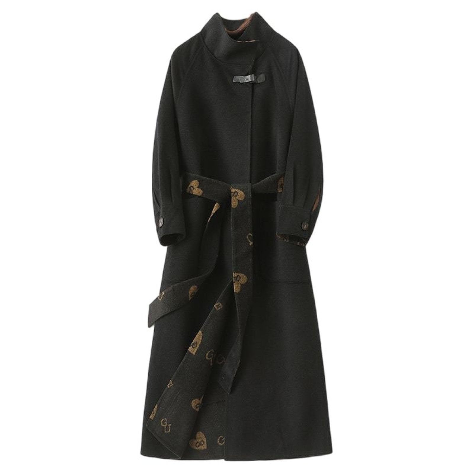 IESUTAWomen's Elegant Wool Blend Long Coat Stand Collar Slim Fit Overcoat Fall Winter Warm Windproof Coat with Belt